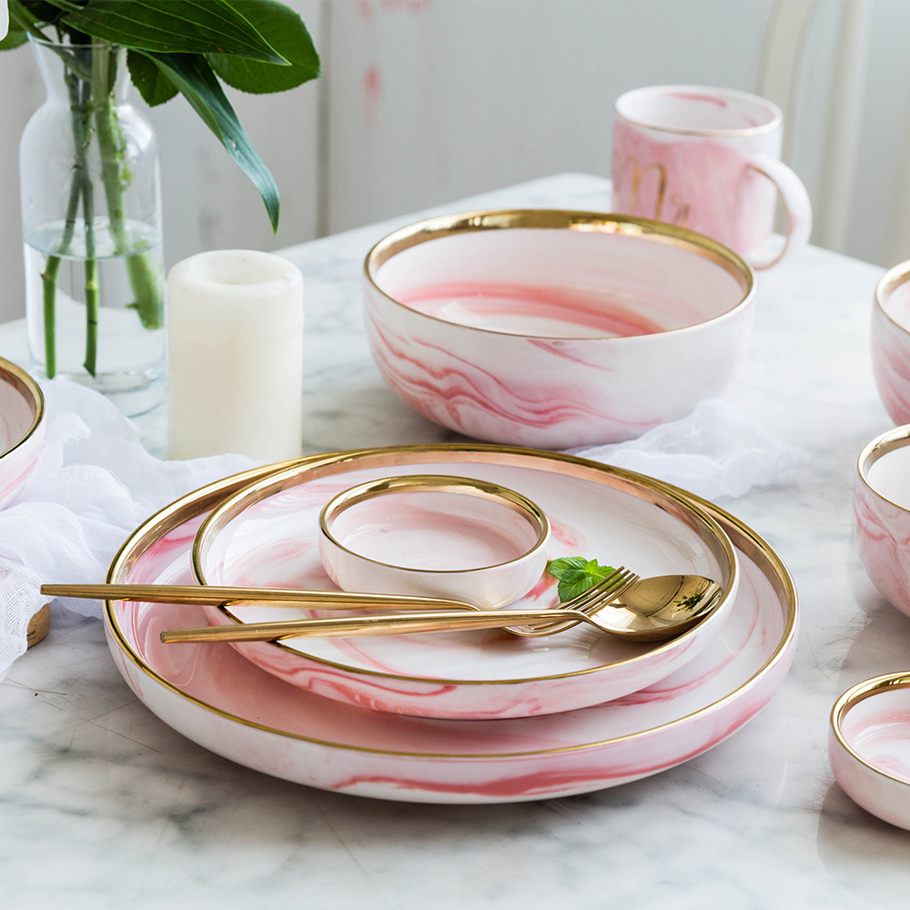 3PCS Pink Marble Glazes Ceramic Plate Bowl Set Dinnerware Set - Image 2