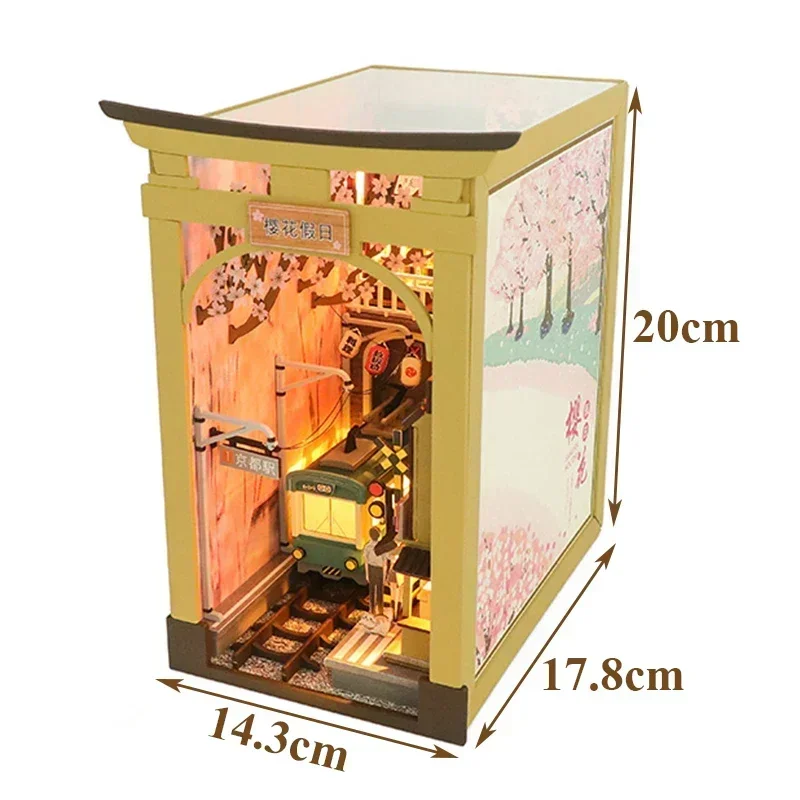 DIY Wooden Book Nook Shelf Insert Kits, Miniature Cherry Blossom Train Station Bookends Japanese Bookshelf Handmade Crafts Gifts - Image 6