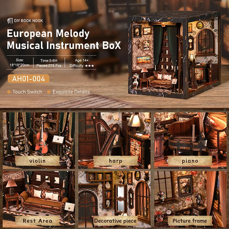 European Melody Musical Instrument Box DIY Miniature House, 3D Puzzle Bookend Model, Wooden Bookend. Creative Gift - Image 3