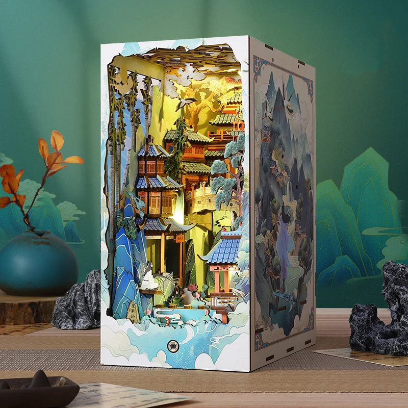 NEW DIY Book Nook Insert Shelf Kits Wooden Miniature Model Kit Penglai Wonderland Bookend Assembled Bookshelf Home Decor Gifts - Image 3