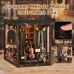 European Melody Musical Instrument Box DIY Miniature House, 3D Puzzle Bookend Model, Wooden Bookend. Creative Gift