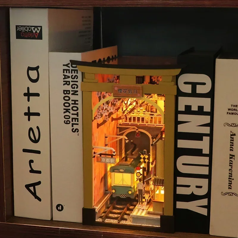 DIY Wooden Book Nook Shelf Insert Kits, Miniature Cherry Blossom Train Station Bookends Japanese Bookshelf Handmade Crafts Gifts - Image 3