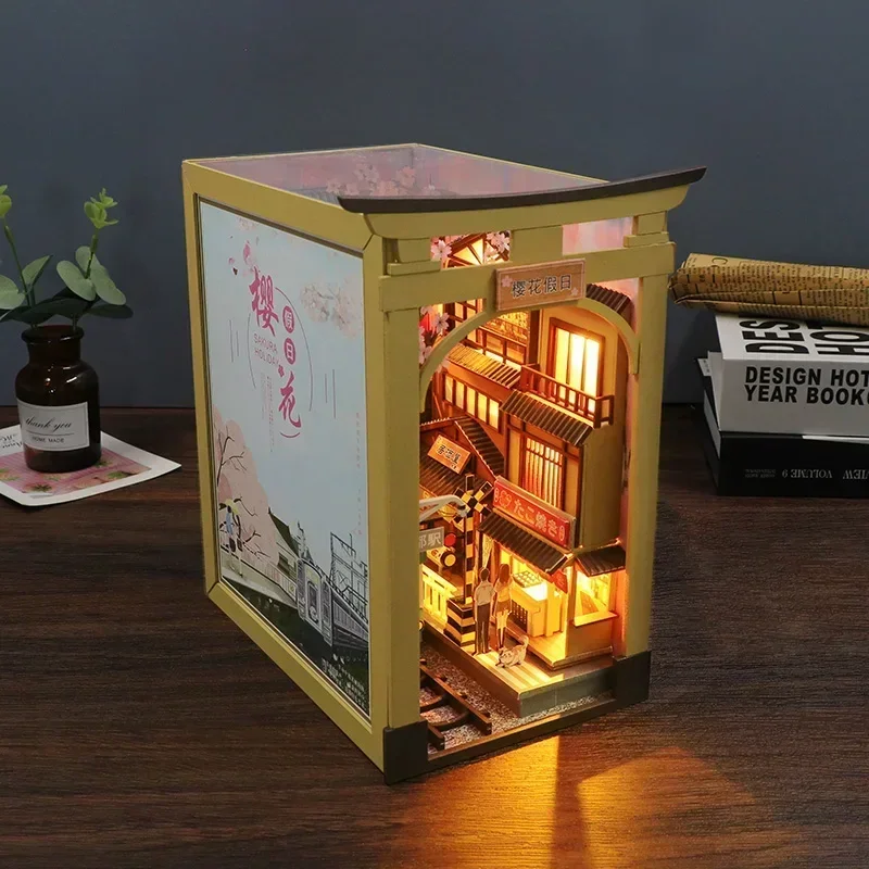 DIY Wooden Book Nook Shelf Insert Kits, Miniature Cherry Blossom Train Station Bookends Japanese Bookshelf Handmade Crafts Gifts - Image 2