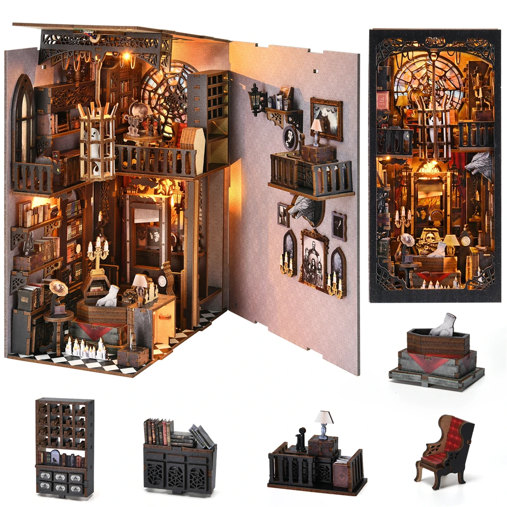 Book Nook Kit The Dark Family 3D Wooden Puzzle DIY Gothic style Home Decoration For Bookshelf Miniature Insert Magic Book
