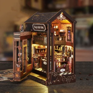 DIY Wooden Book Nook Magic Coffee Shop Figurines Miniatures Bookend Handmade Bookshelf Friends Birthday Gifts Home Decor Crafts