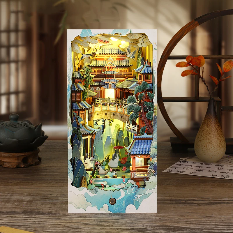 NEW DIY Book Nook Insert Shelf Kits Wooden Miniature Model Kit Penglai Wonderland Bookend Assembled Bookshelf Home Decor Gifts - Image 2